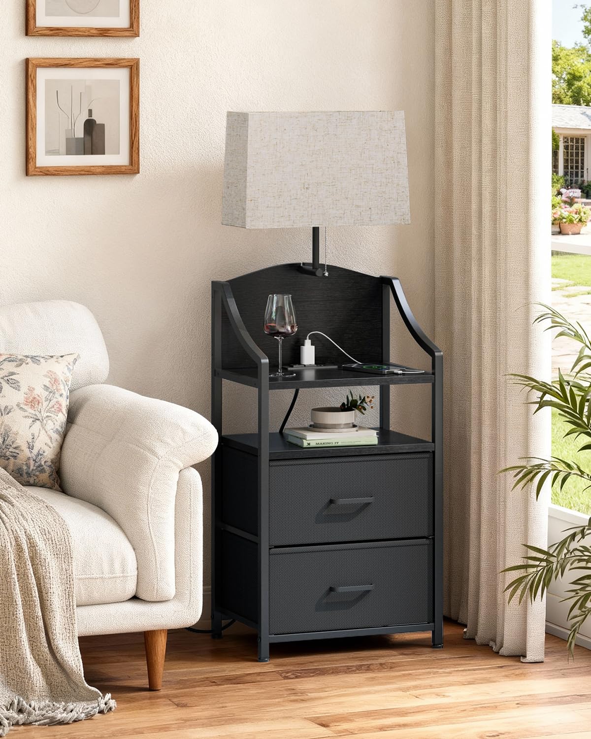 Evermagin Set di 2 comodini alti 114,3 cm con luce, comodino con stazione di ricarica, porte USB e uscite, comodino con 2 cassetti in tessuto, per camera da letto, dormitorio, nero