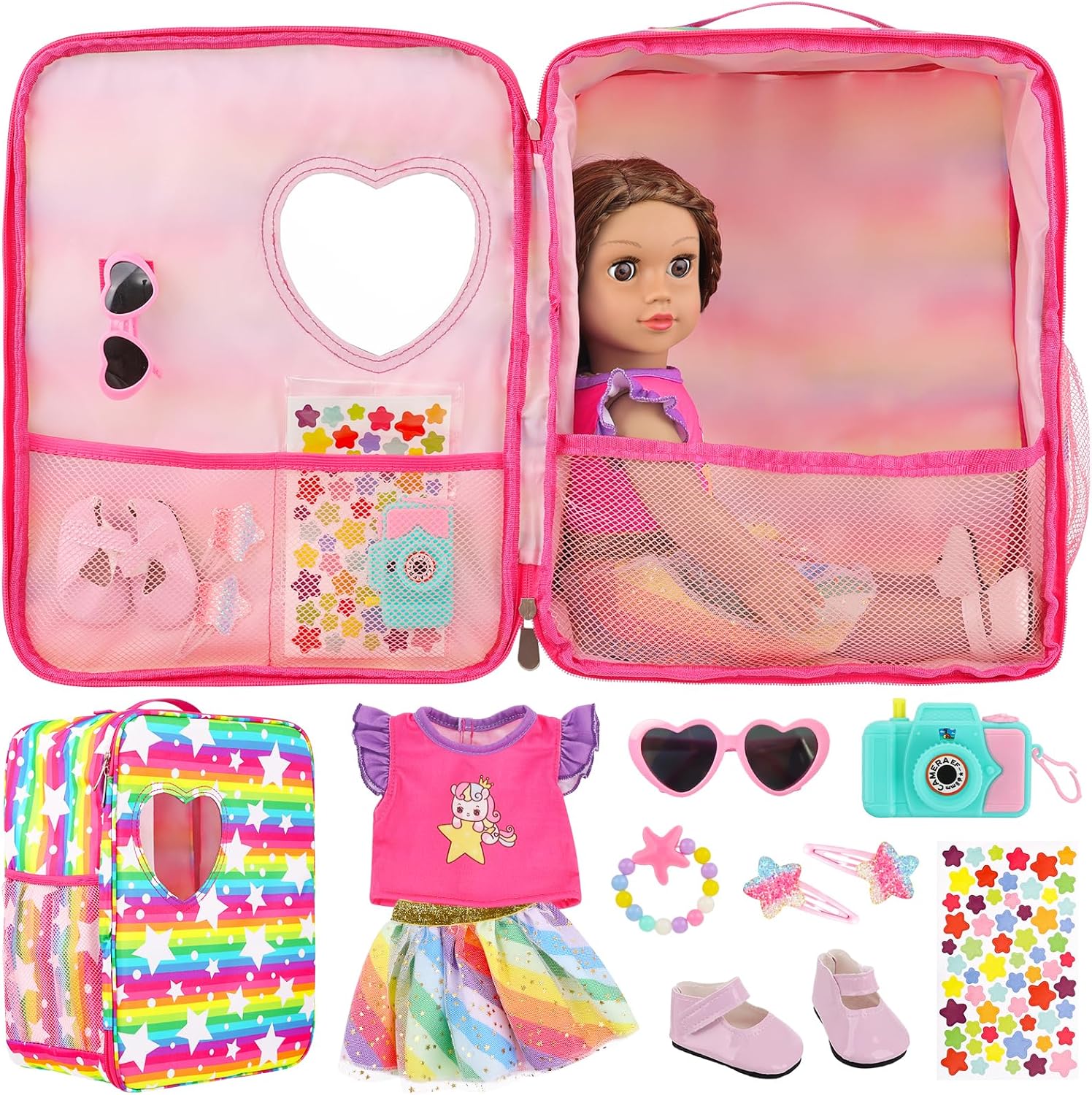 Dolls Carrier Bag Set for 18 inch American Doll, Clothes and Accessories Including 18 Inch Doll Clothes, Shoes, Sunglasses, Camera, Hairpins, Bracelet and DIY Sticker(Doll NOT Include)