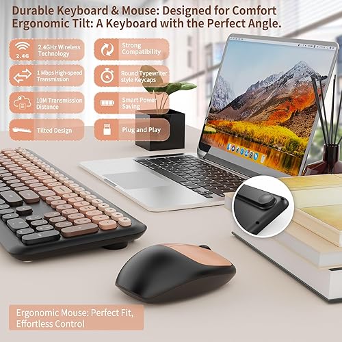 Miniatura 3 de HotFox Combo de teclado y mouse inalámbricos, teclado retro de tamaño completo con teclas redondas, diseño ergonómico para PC con Windows, uso
