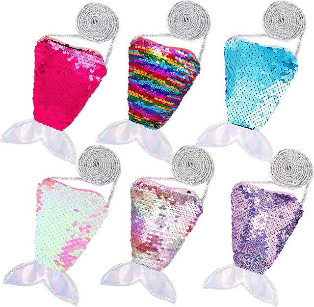 FT-SHOP Mini Children's Coin Purse 6 Pieces Mermaid Tail Sequins Zipper Wallet Pouch with Strap Crossbody Shoulder Bag for Kids little Girls