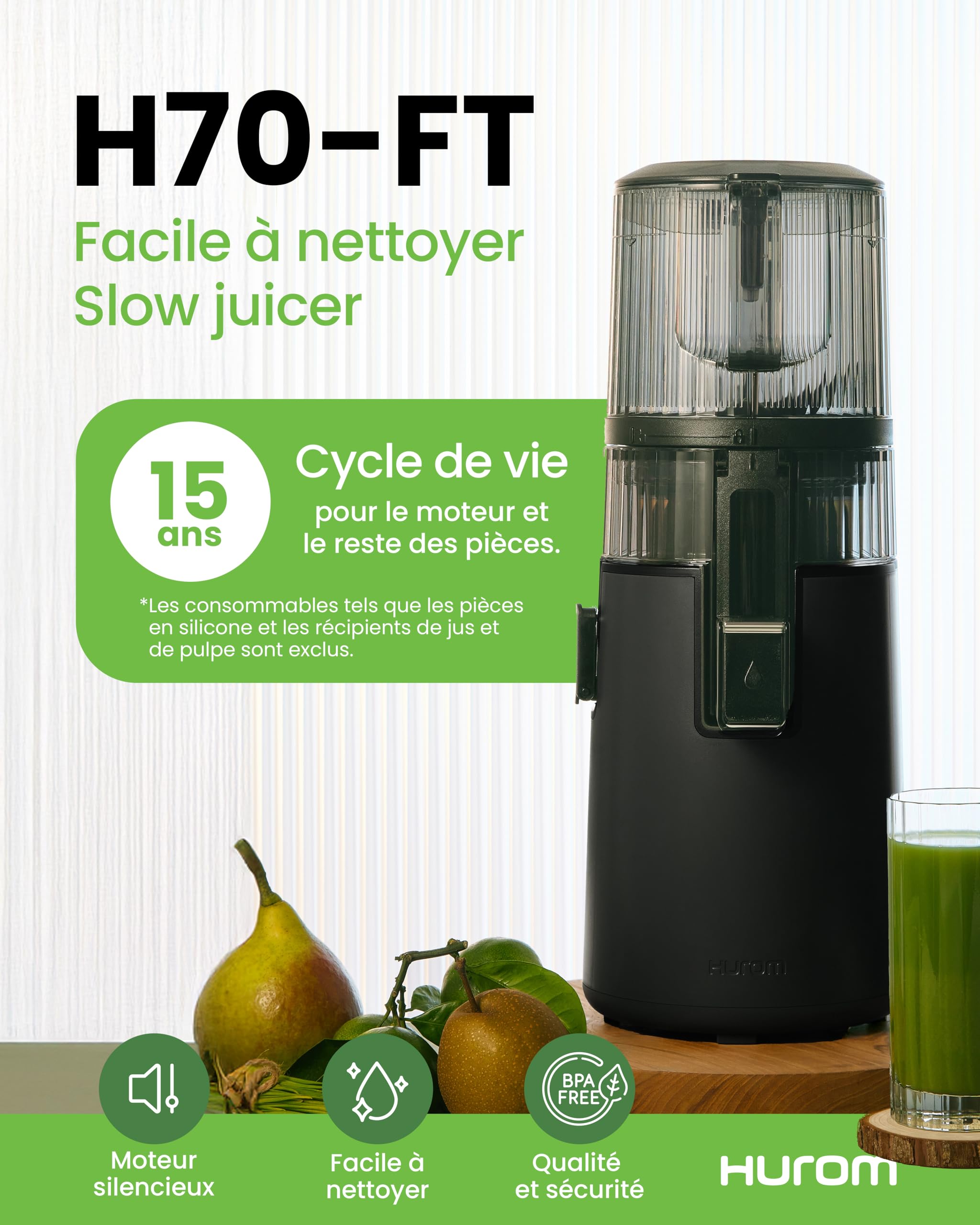 Extracteur De Jus Lent Hurom H70FT - Presse à Froid Automatique - Capacité 1,8L - Sans BPA - Garantie 15 Ans