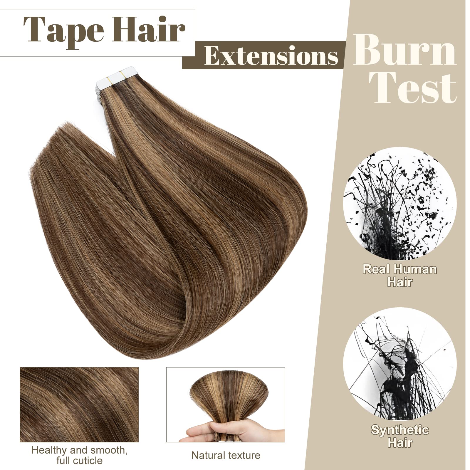 12"(30cm) SEGO 10PCS Extensiones Adhesivas Naturales Pelo Humano sin Clip [#4/27 Castaño Chocolate/Rubio Oscuro] Cabello 100% Remy Liso Balayage Tape in Human Hair (20g) — view 3