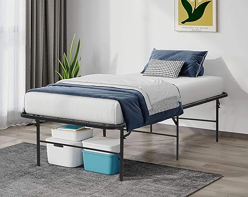 Base de cama plegable de tamaño matrimonial, base de cama de plataforma de metal negro, no necesita somier, base de cama de plataforma de tamaño