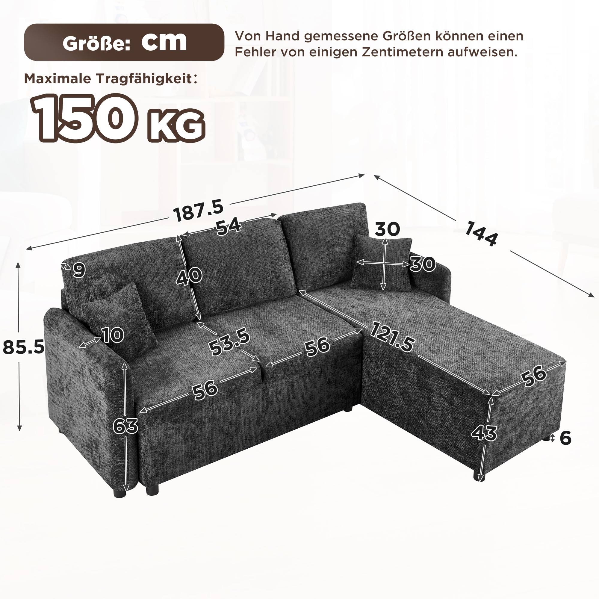 Merax Canapé d'angle 3 places en forme de L avec longue surface de couchage (144 cm), housse chenille et mousse haute densité, canapé confortable avec 2 coussins, capacité de charge 150 kg, pour
