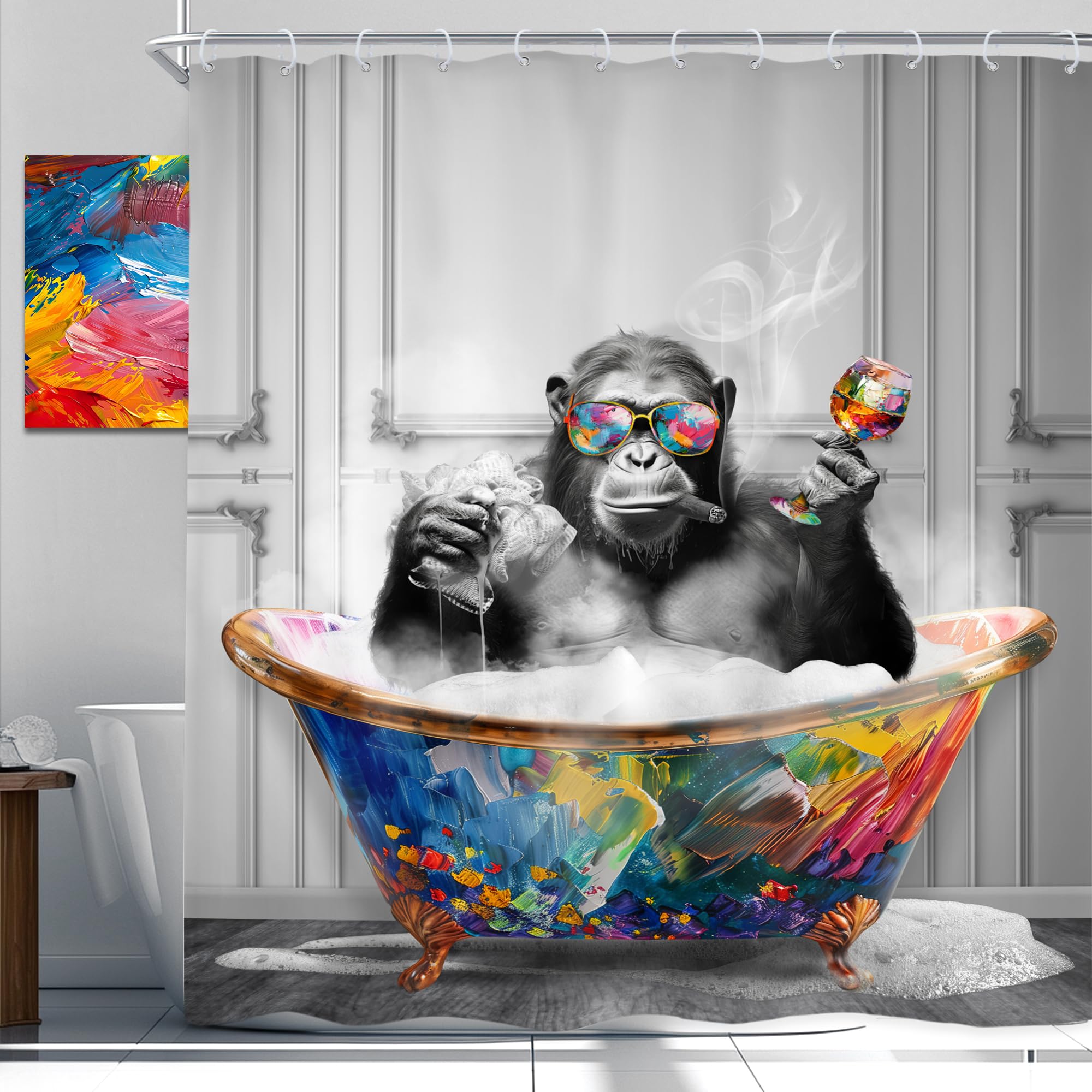 Newsely Funny Monkey Shower Curtain 72Wx72H Inch Black White Animal in Bathtub Chimpanzee Boys Men Shower Curtain Bathroom Set Modern Graffiti Cool