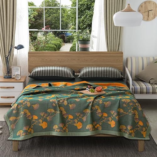 Colcha de hojas de ginkgo tamaño Queen, color verde oscuro y naranja, reversible, de algodón, para todas las estaciones, manta ligera de muselina
