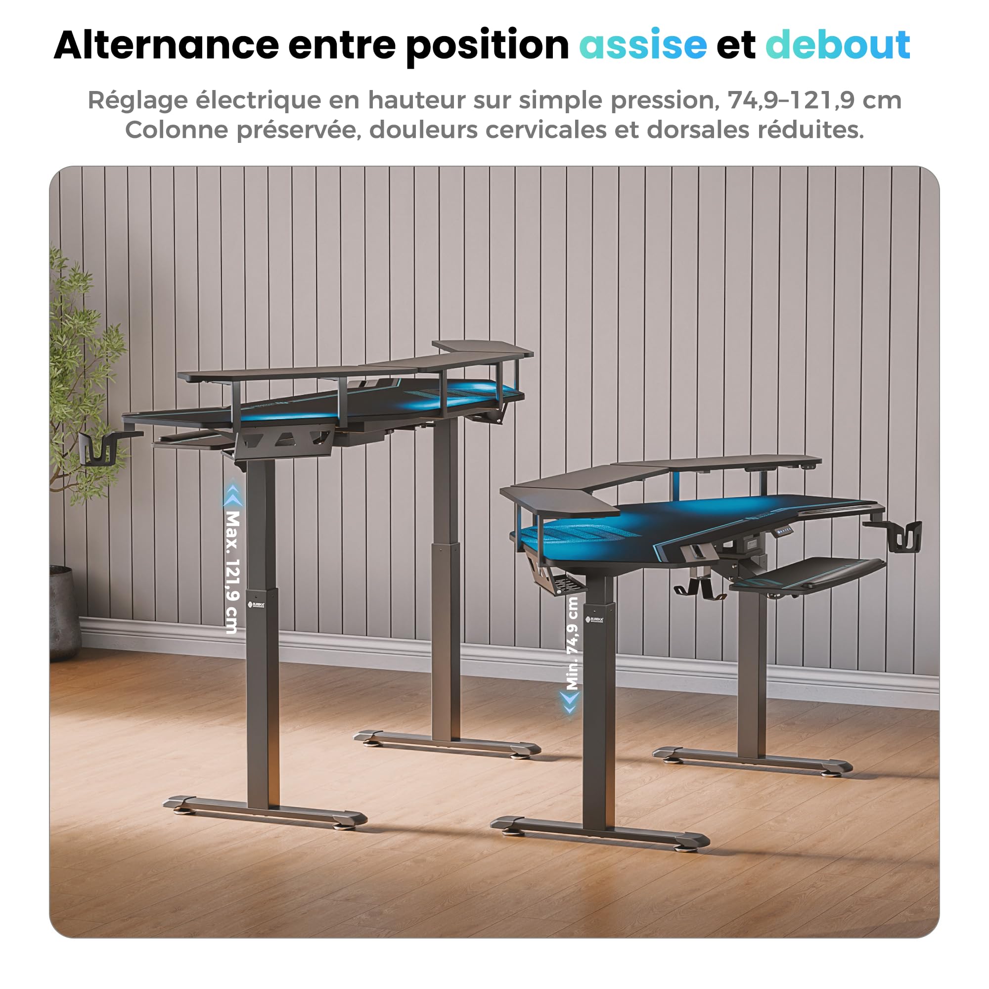 EUREKA ERGONOMIC Bureau Gaming LED 182x76cm en Forme d'Aile Bureau Assis Debout Électrique Bureau Gamer Réglable en Hauteur avec Plateau pour Clavier, Étagère de Moniteur