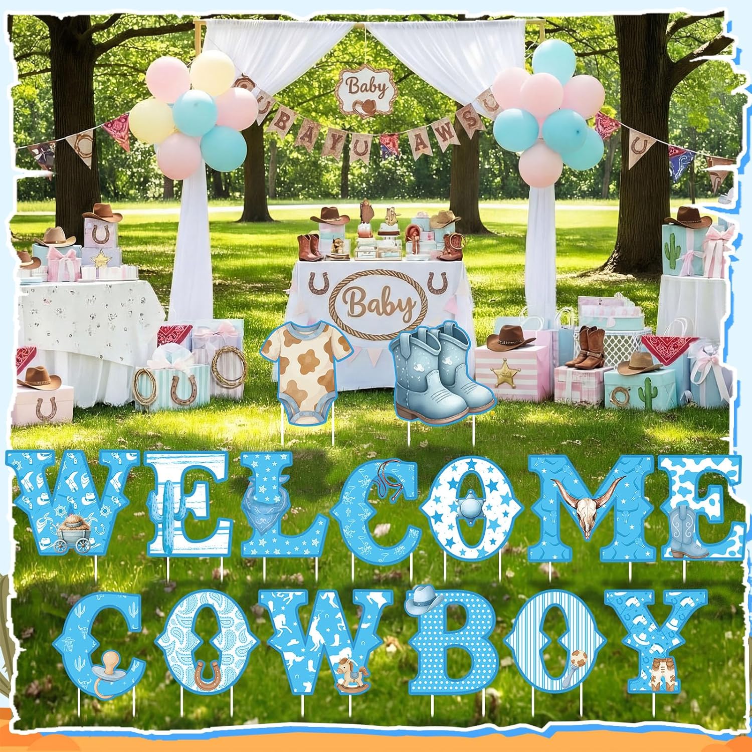 Sliner 15 Pcs Welcome Cowboy Baby Shower Decoration 15 Inch Blue Yard Signs with Stakes Large Lawn Sign for Gender Reveal Newborn Welcome Home Outdoor Party Decoration