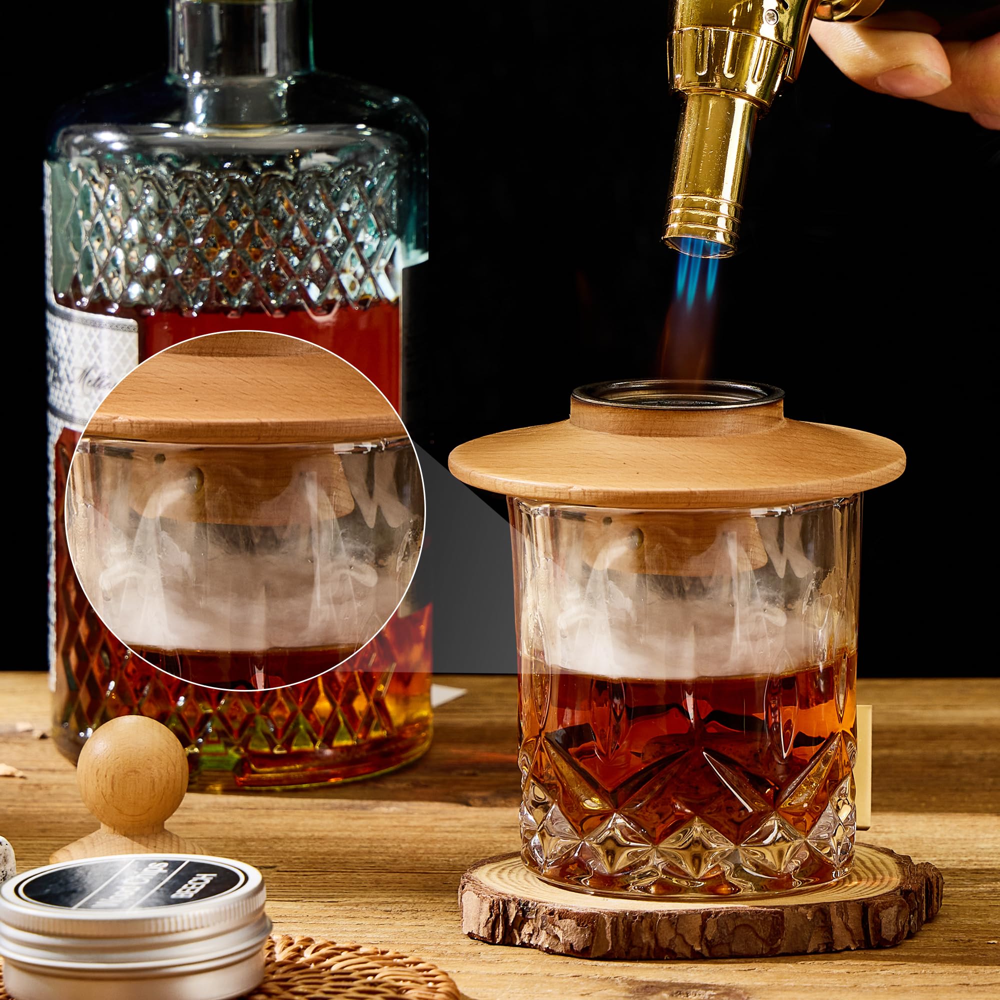 Kit Fumoir à Cocktail pour Whisky avec Torche Sans Gaz et 4 Pierres | Cadeau original pour homme avec 6 copeaux naturels pour whisky, bourbon et cocktails fumés
