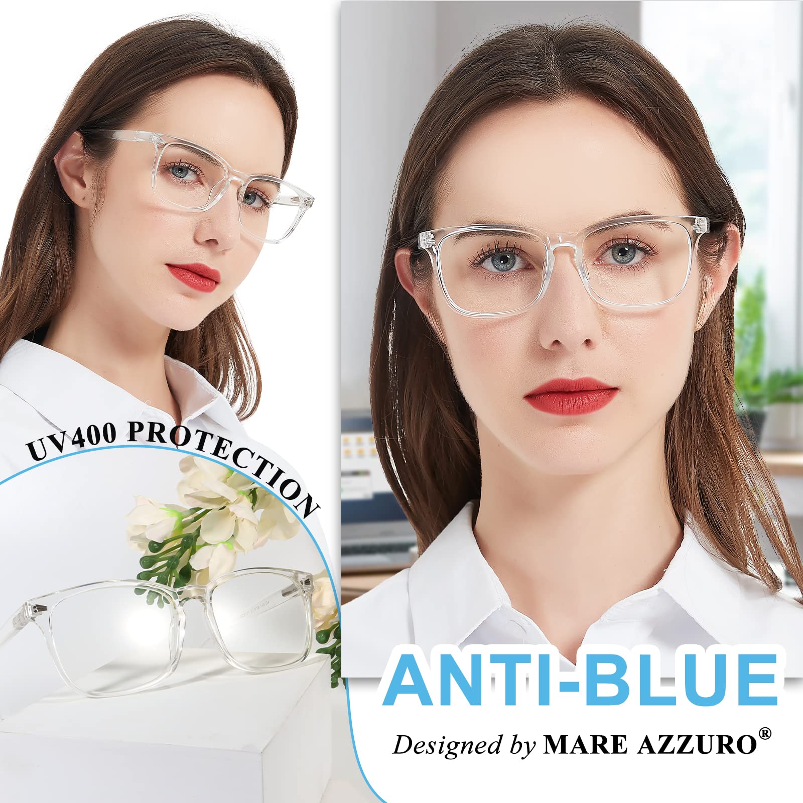 MARE AZZURO Computer Reading Glasses Women Blue Blocking Screen Light Readers 0 100 125 150 175 200 225 250 275 300 350 400 500 600 (Transparent, 2.5)