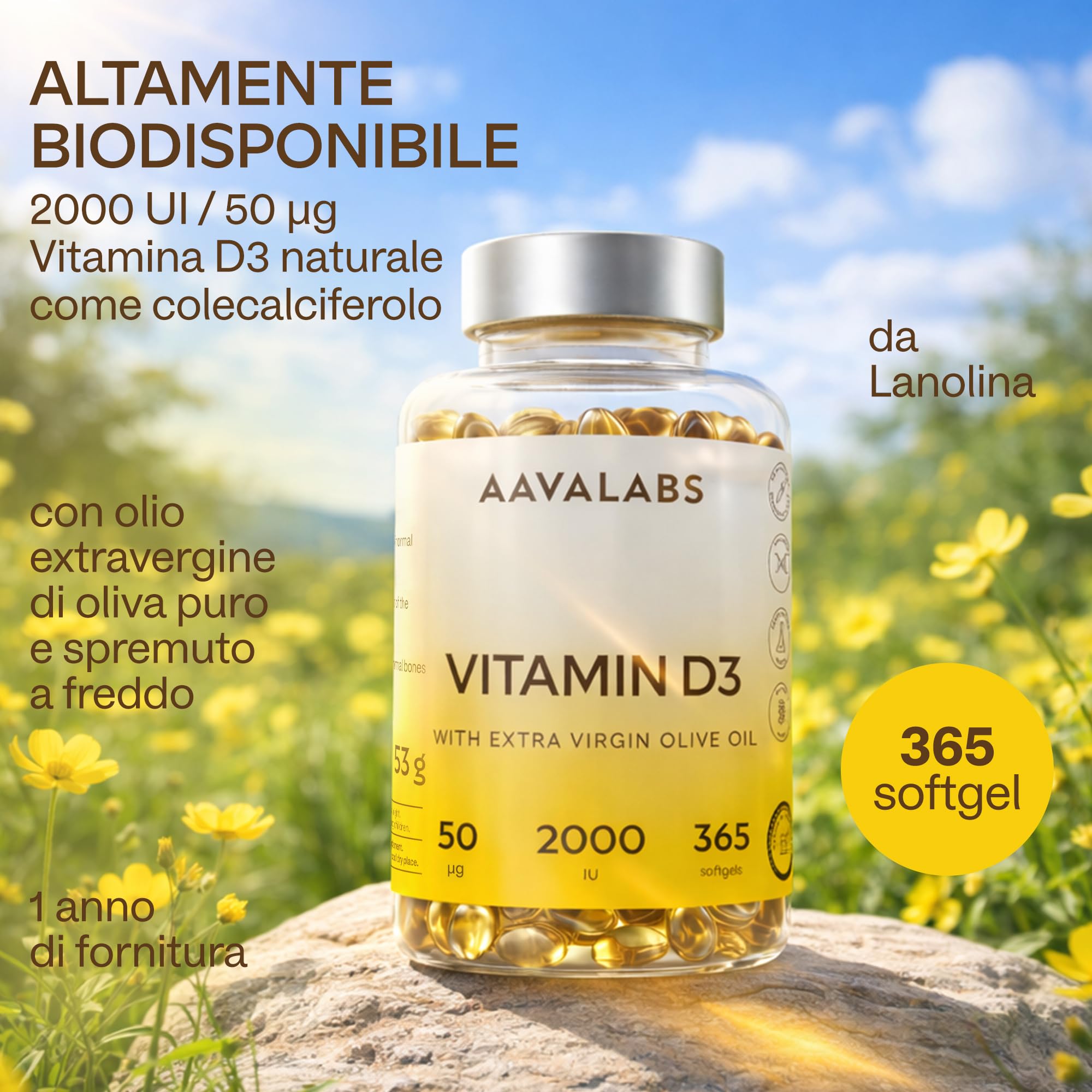 Vitamina D3 2000 UI [Fornitura di 1 Anno] - Integratore Vitamina D 2000 UI con Olio EVO per assorbimento ottimale - Non OGM - Contribuisce alla funzione ossea, muscolare e immunitaria - 365 Capsule
