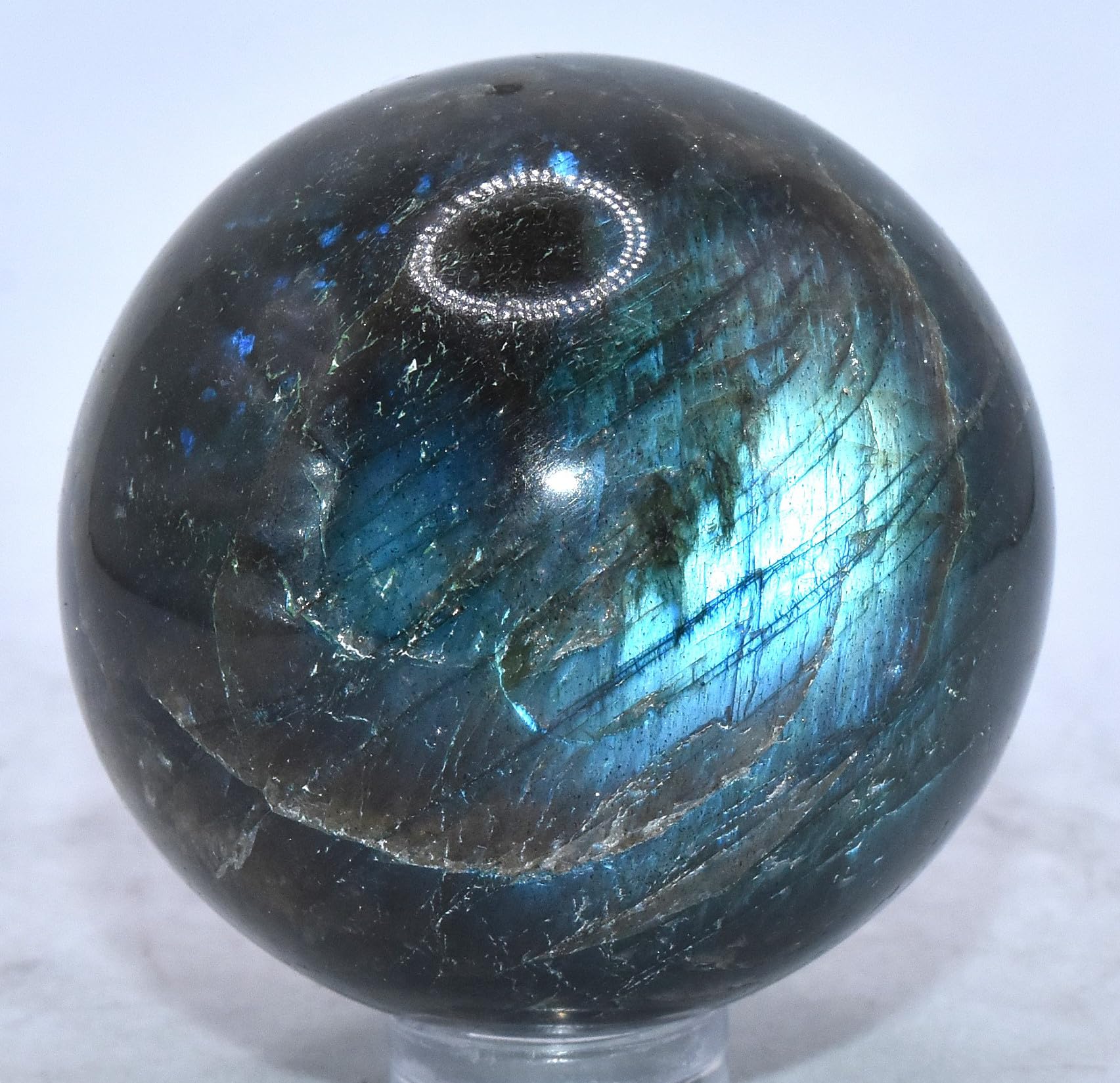Pair 47mm Sparkling Labradorite Carved Spheres Polished Collectible Natural Feldspar Gemstone Crystal Mineral Decor Specimen Balls - Madagascar + Stand (2PCs)