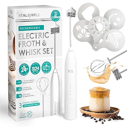 Real Simple Milk Frother and Whisk Set | USB Rechargeable Milk Frother with Stainless Steel Attachments and 5 Coffee Stencils | Perfect Handheld Milk Frother for Coffee Lovers | White