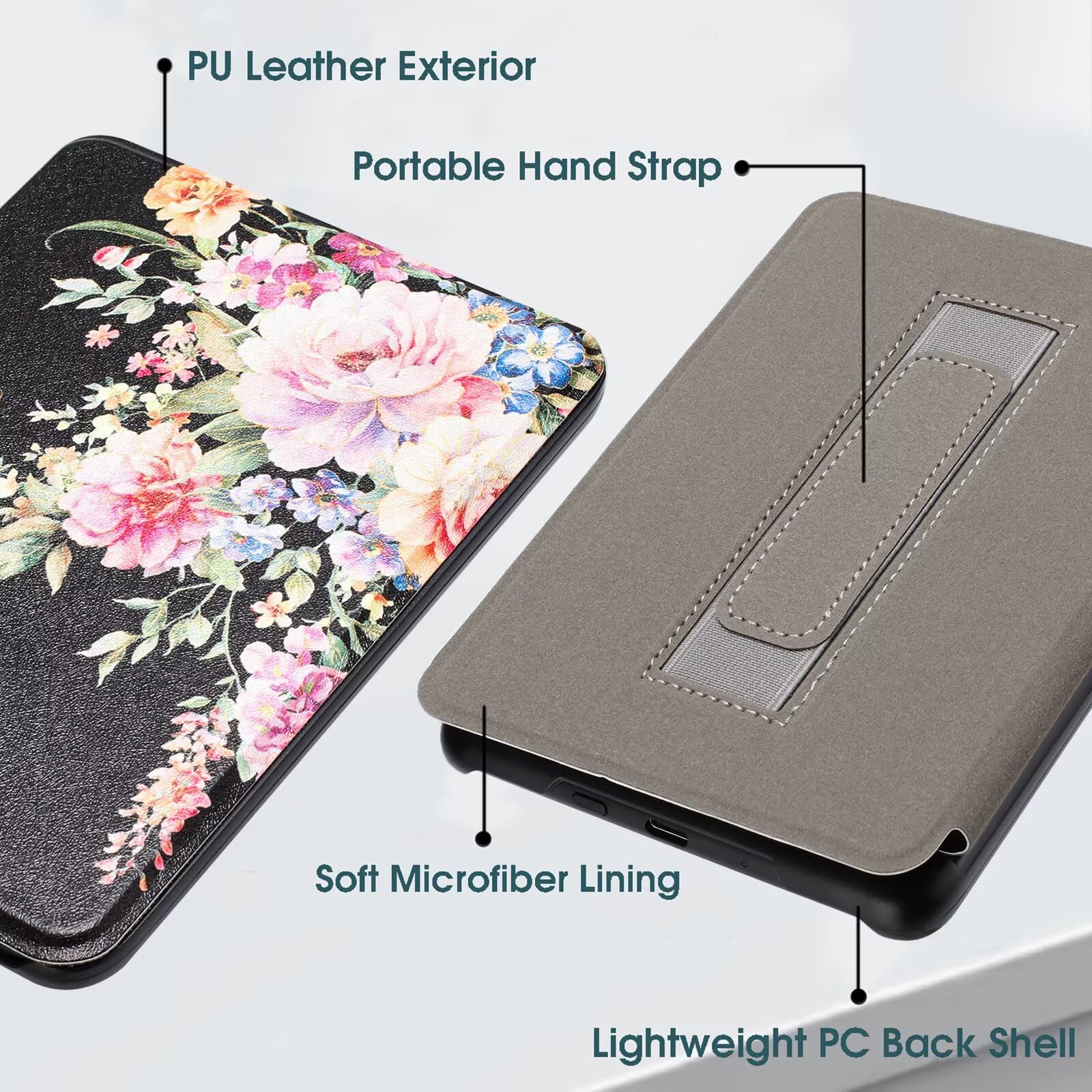 Kompatybilne z 6-calowym etui Kindle Paperwhite (5., 6., 7. generacji, 2012-2016), twarda obudowa z paskiem na rękę z inteligentnym automatycznym budzeniem/uśpieniem, do czytnika e-booków