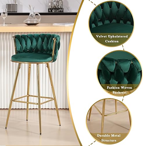 Miniatura 5 de Yibigox Taburetes de bar de 30 pulgadas de altura de mostrador, modernos taburetes de bar tapizados de terciopelo, silla de bar con respaldo tejido