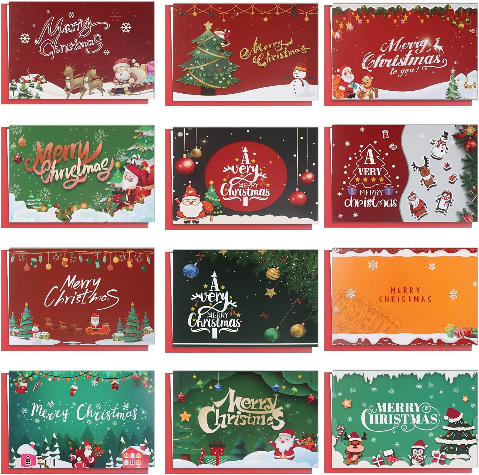 12 Pièces Cartes De Noël, Carte Joyeux Noel Avec Enveloppes, Papier