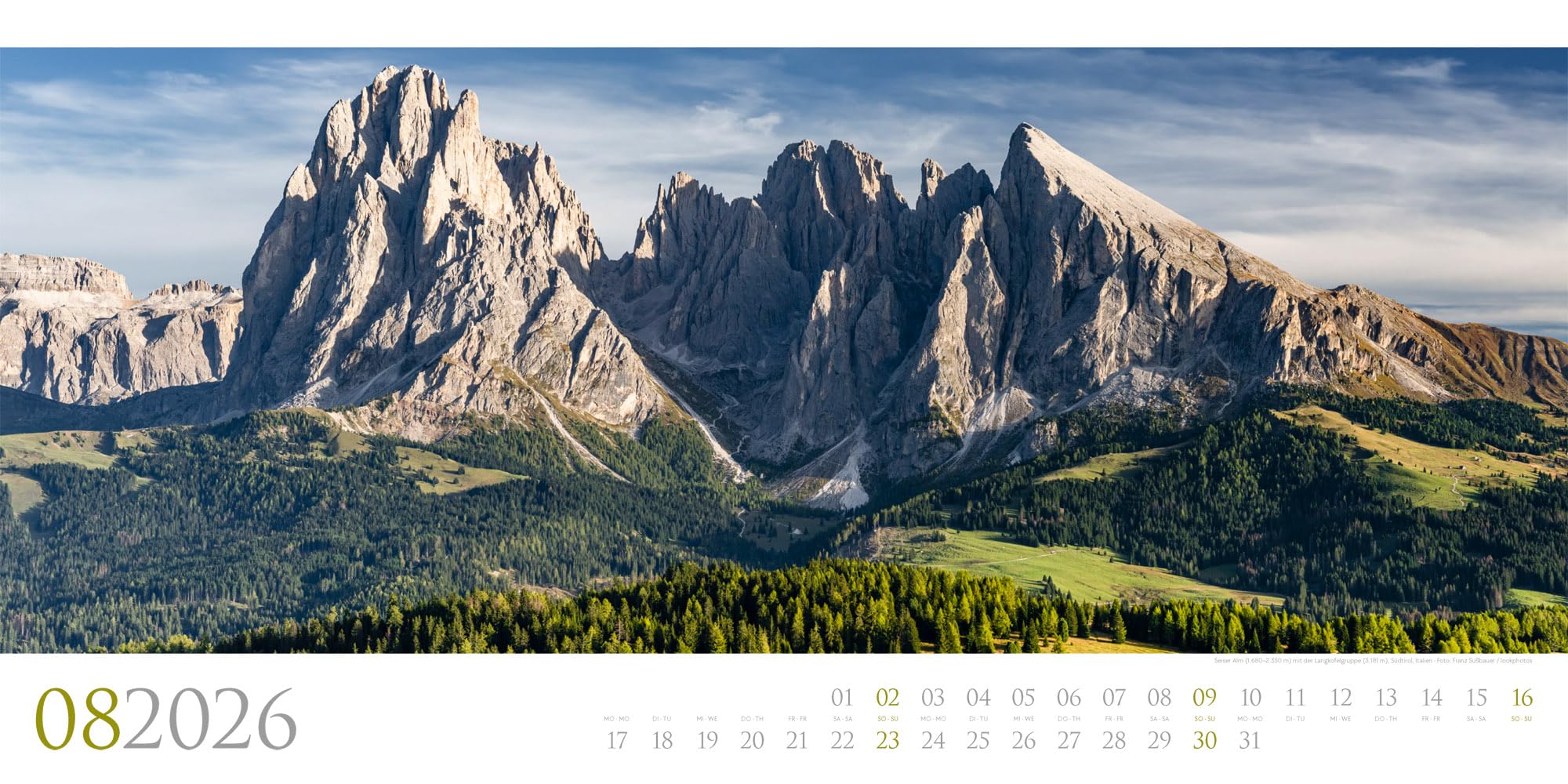 Dolomiten Kalender 2026 | Bildgewaltiger Berge-Kalender im schlanken Querformat (66x33 cm) | Südtirol für Alpinist:innen und Wander:innen
