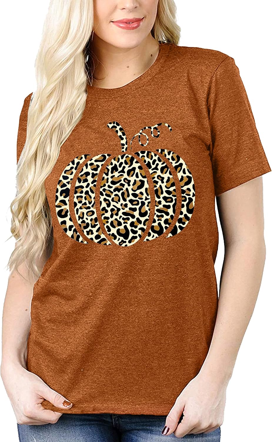 Halloween Pumpkin Shirt Women Leopard Graphic Tees Short Sleeve Fall T-Shirt Thanksgiving Gift Tops - Image 3