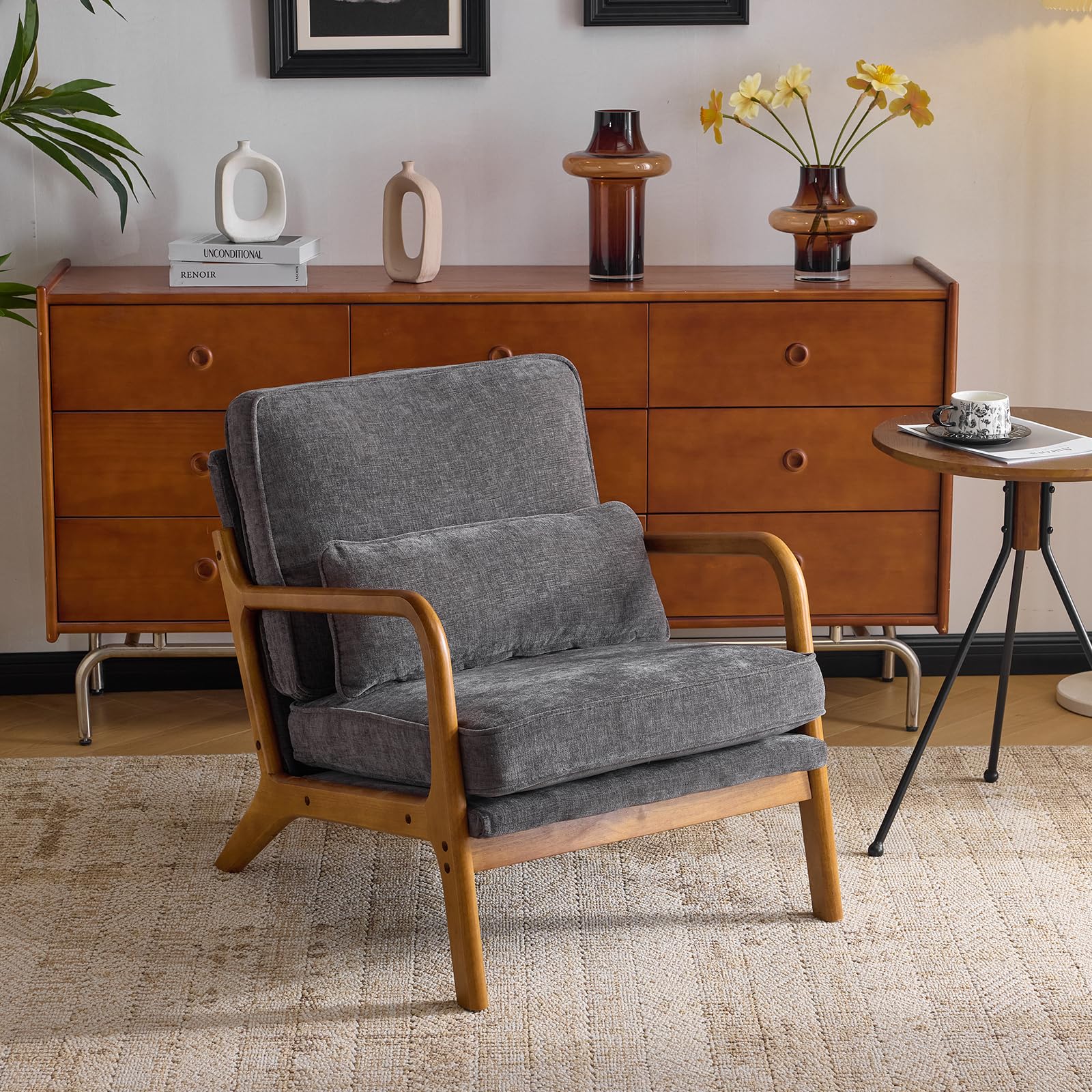 Bonnlo Accent Chair, Soild Wood Padding Lounge Armchairs, Occasional Reading Chair with Cushions and Lumbar Pillow, Armchairs for Living Room, Bedroom, Guest Room, Chenille, Dark Grey
