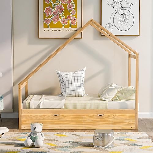 Cama de piso individual para niños pequeños con nido, cama de casa de madera tamaño individual con nido de tamaño individual, cama de casa con nido