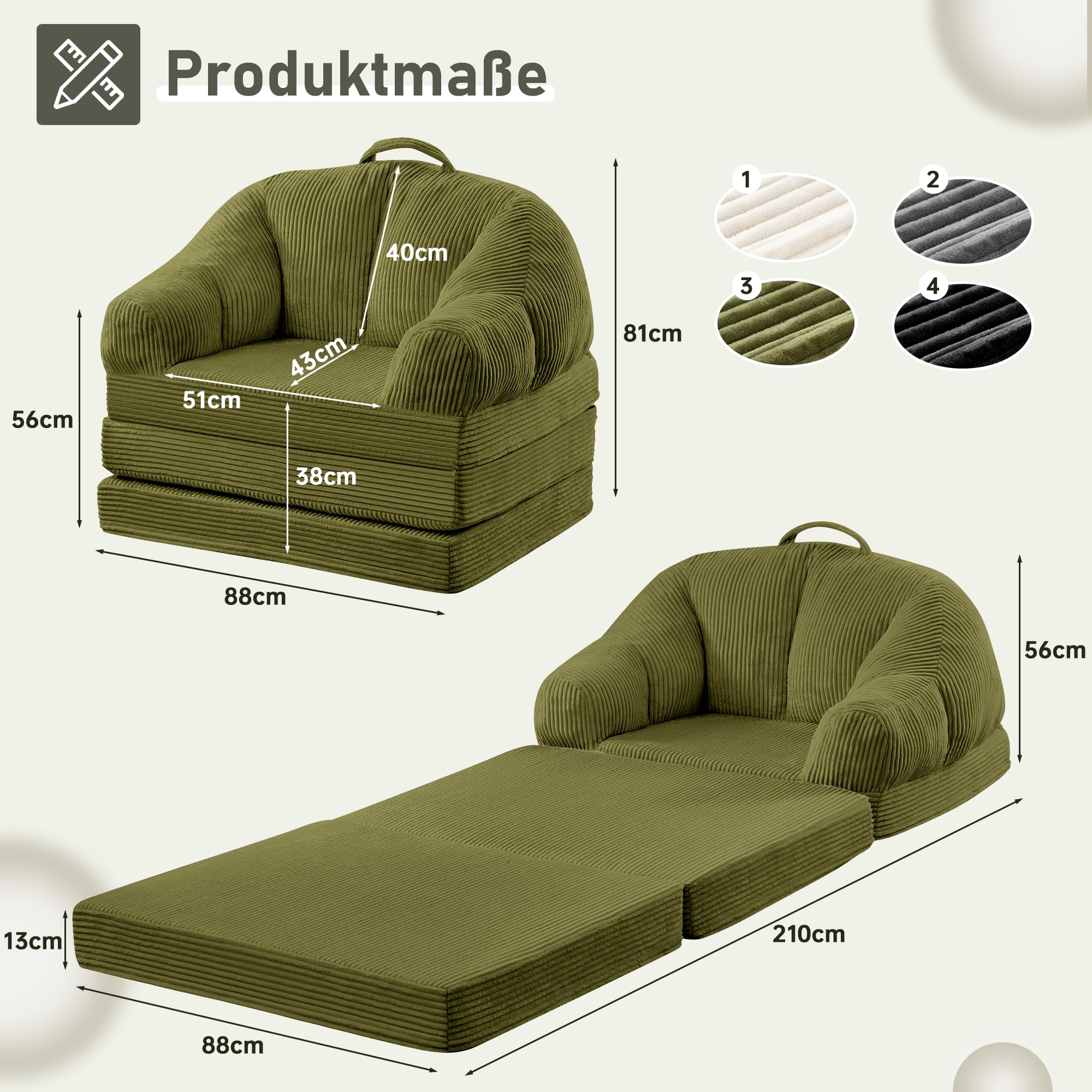 3-in-1 Klappsofa, Schlafsofa aus Cord und Schaumstoff, Schlafsessel mit Bettfunktion, Umwandelbares Bodensofa mit Griff, sitzsack zum Entspannen Schlafen im Schlafzimmer-und Wohnzimmer,Grün