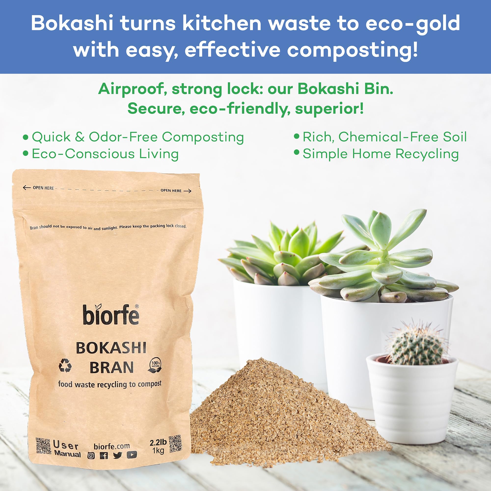 Premium Bokashi Bran 6er-Pack (je 1 kg) Ganzjahres-Bio-Kompost-Starter – schnelle und einfache Küchenkompostierung mit Geruchsbeseitiger – Trockenkleie für Küchenkomposteimer mit