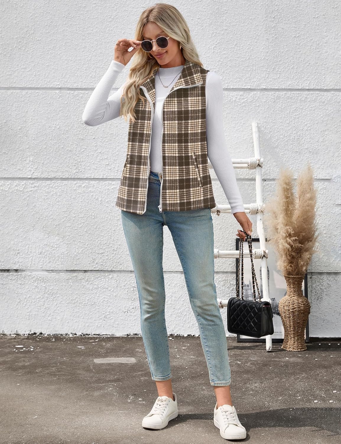 Rapbin Women's Plaid Outerwear Vests Tops Zip Up Collared Sleeveless Jacket with Pockects - Image 7