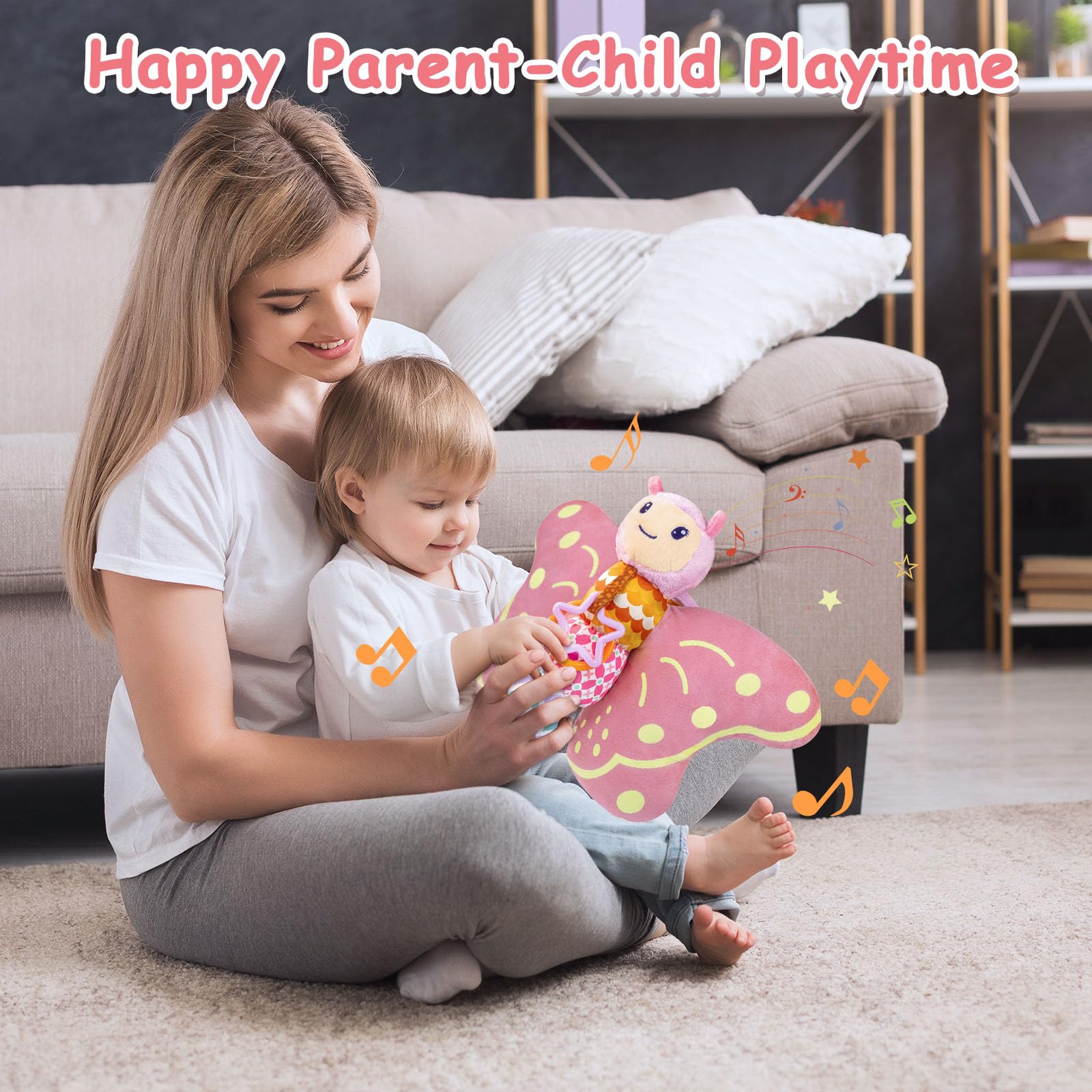 Juguetes para bebés de 0 a 6 meses, animal de peluche sensorial musical infantil con chirriador, sonajero, alas arrugadas, mordedor y anillo para colgar, juguete para el tiempo boca abajo para recién 7