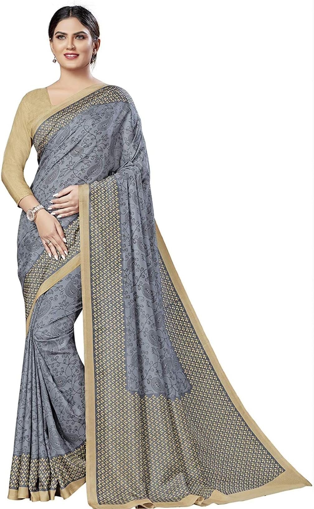 Women's Printed Art Silk Saree with Blouse Piece (3909Cg_Grey)