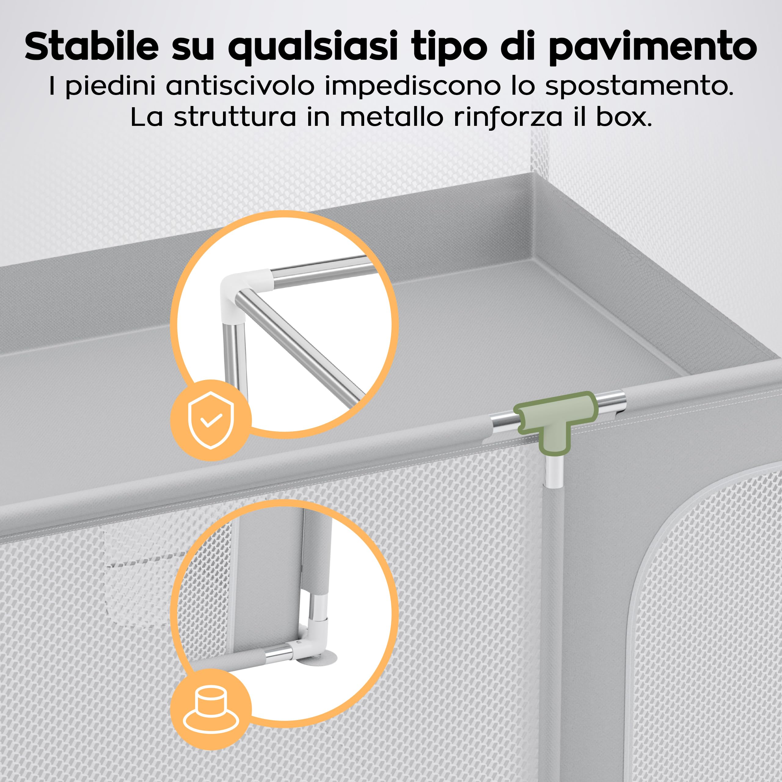 Tulano Cozy 28 Box per Bambini 180x200 cm - da 6 a 36 mesi – Recinto Neonato con Fondo – Struttura in Metallo – Rete Traspirante – Porta con Cerniera – Borsa Inclusa – Casa e Giardino – Grigio