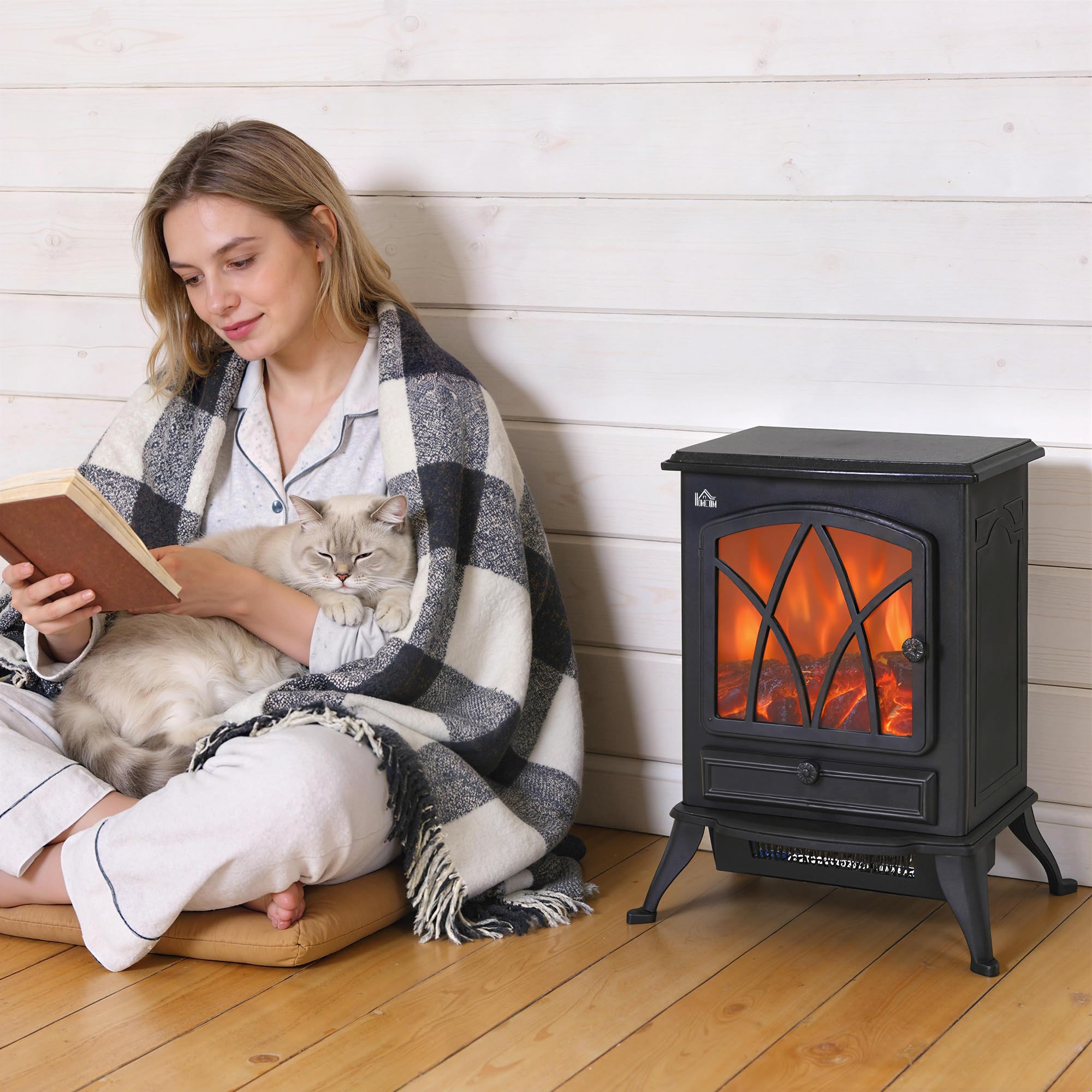 HOMCOM Camino Elettrico con Effetto Fiamma Stile Retrò, Caminetto Elettrico 1000-2000W con Termostato, Protezione da Surriscaldamento e Luce Regolabile, Nero