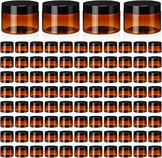 Tanlade 100 Pcs 4 oz Amber Plastic Cosmetic Jars with Lids Empty Leak Proof Container Round Airtight Refillable Cosmetic Jars for Cream, Lotion, Powder, Ointment, Beauty Products Travel Storage
