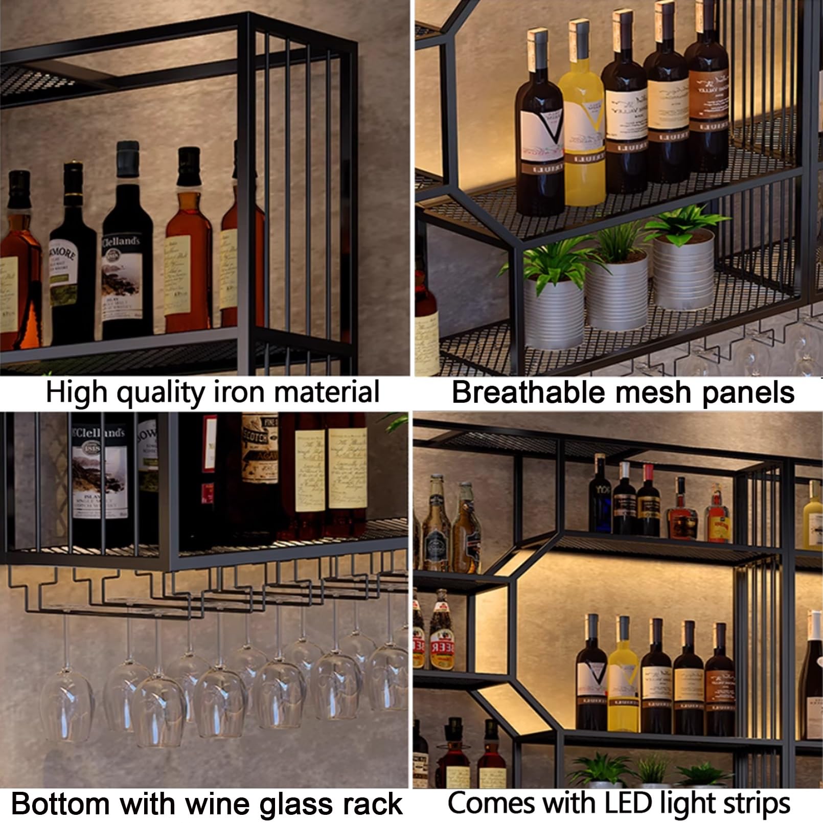 Botellero de pared LED, estante decorativo de metal para botellas y vasos, perfecto para cocina, bodega de vino o bar, soporte integrado para botellas y posavasos (86.6 pulgadas)