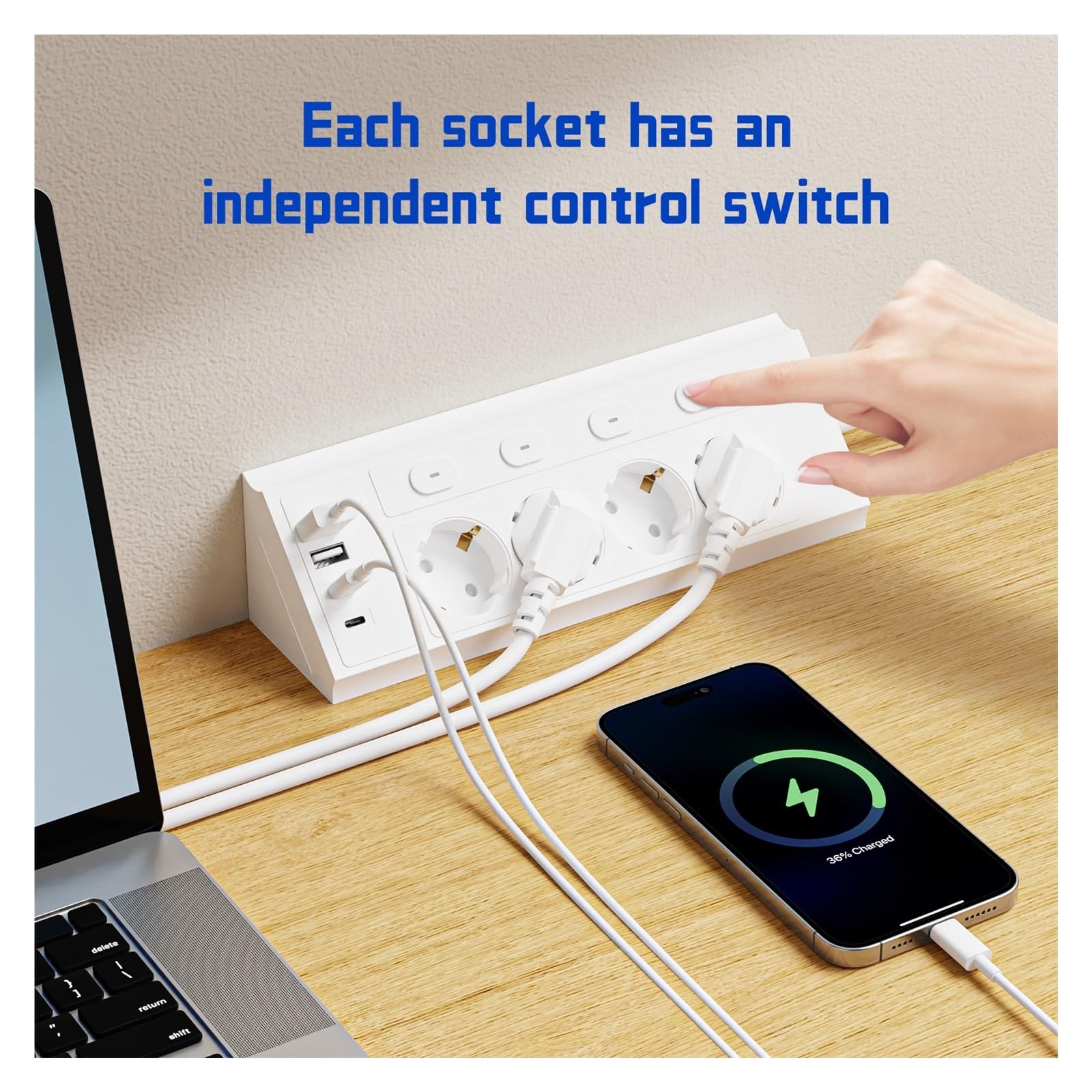 Regleta de enchufes UE 8 en 1 con 4 interruptores, extensión de 1,5 metros, 4 enchufes de CA, 2 puertos USB tipo C, esquina, independiente(Black)