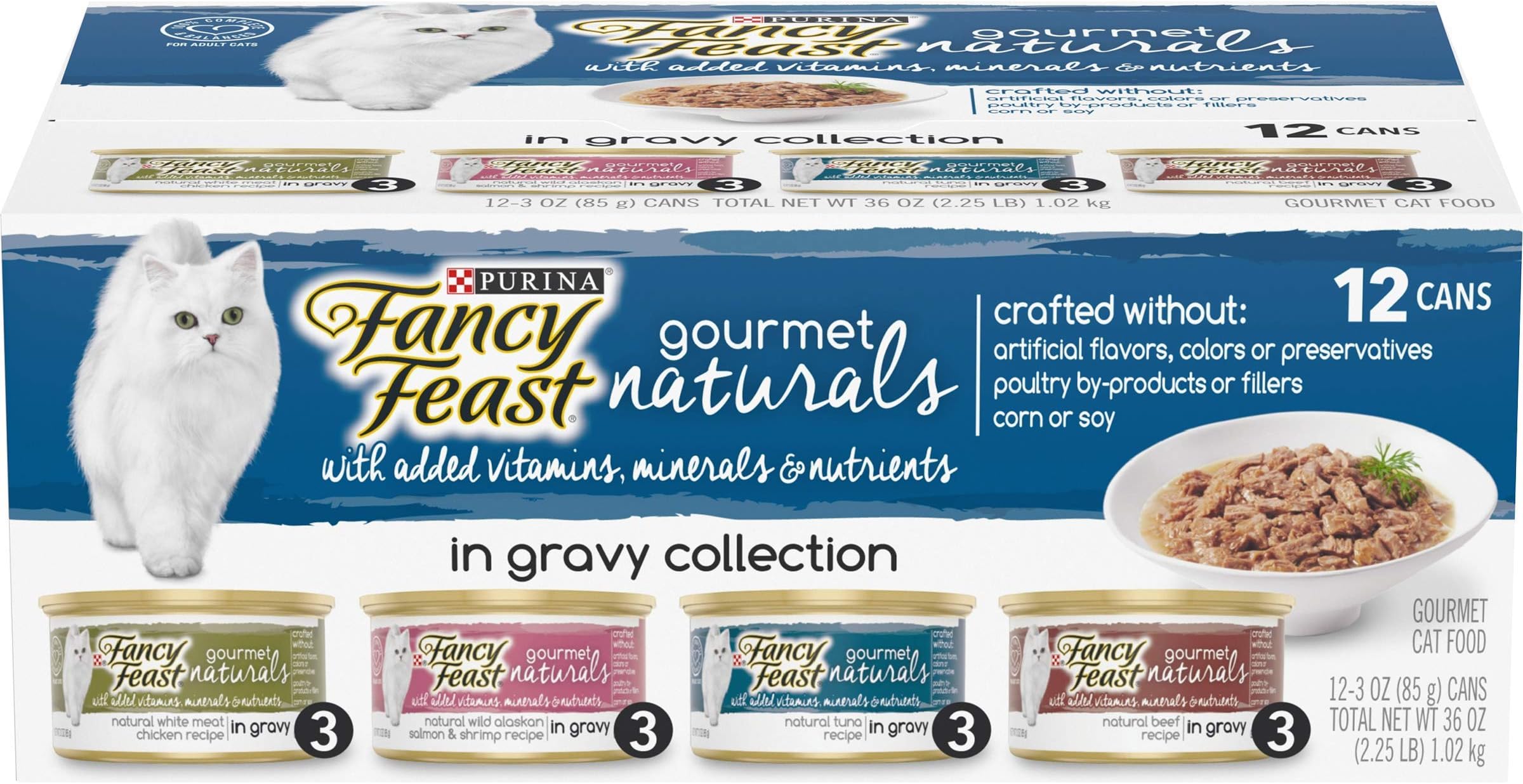 Purina Fancy Feast Wet Cat Food Variety Pack Gourmet Naturals in Gravy Collection - (Pack of 2 Packs of 12) 3 oz. Cans