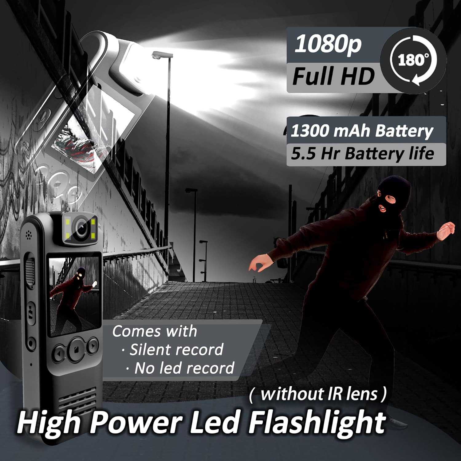 Body Camera with Audio & Video Recording- 128GB 1080P HD Police Cop Cam for Outdoor Law Enforcement Guard Travel Cameras- with Magnetic Clip Flashlight 6HR Battery Recorder (Black Lanyard)