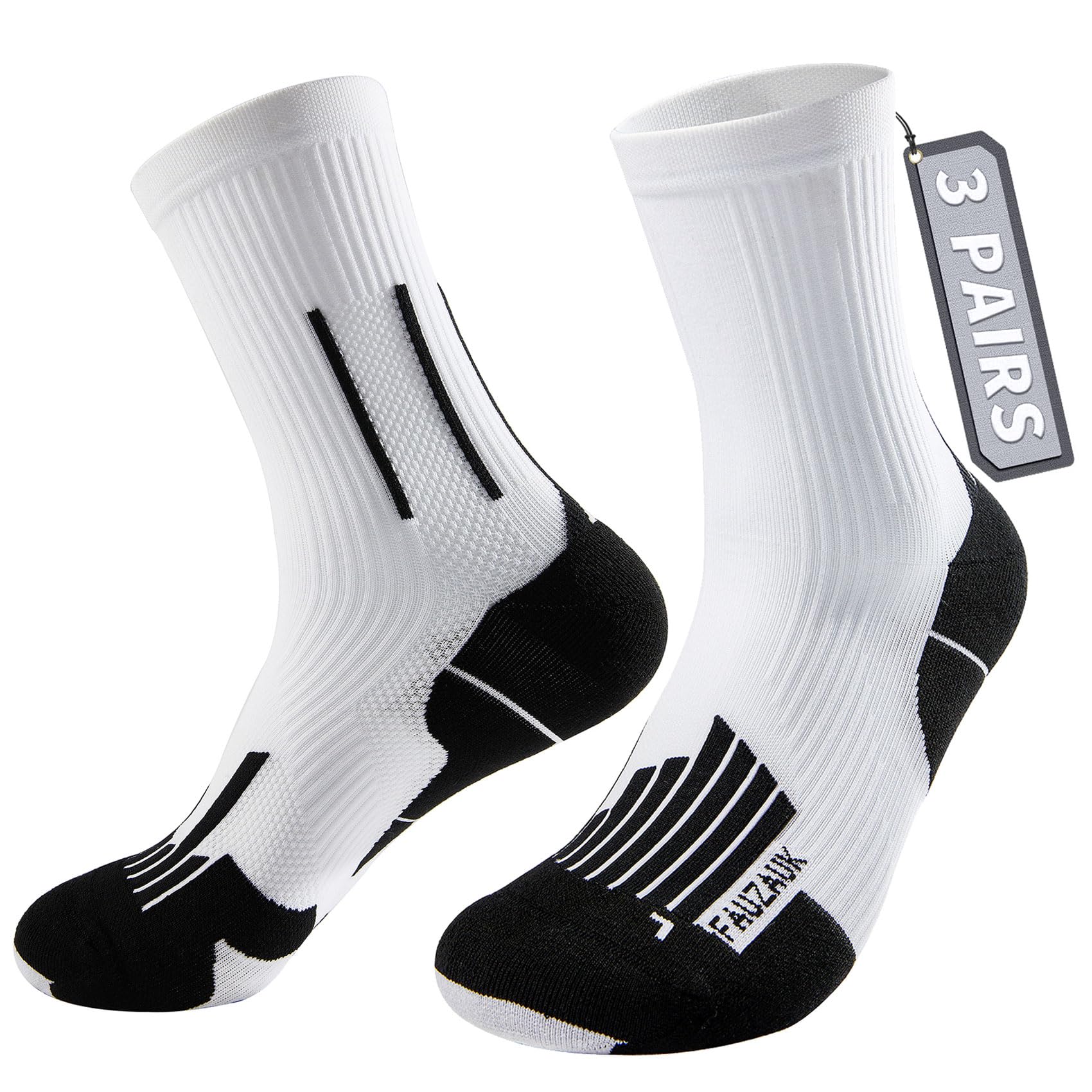 Fauzauk Crew Laufsocken Herren Damen, 3er Pack Sportsocken & Kompressionssocken mit Dämpfung Anti-Blasen Wandersocken für Laufen Radfahren Training