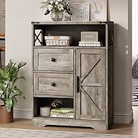 Fameill Grey Farmhouse Storage Cabinet with 2 Drawers, Doors & Adjustable Shelf - Freestanding Kitchen Pantry for Living Room, Bathroom, Laundry