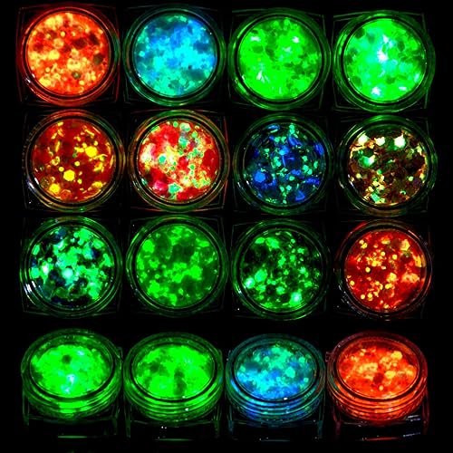 Brillantina gruesa que brilla en la oscuridad, 12 cajas de purpurina iridiscente luminosa Tiffany rosa amarilla escamas para cara, ojos, cuerpo,