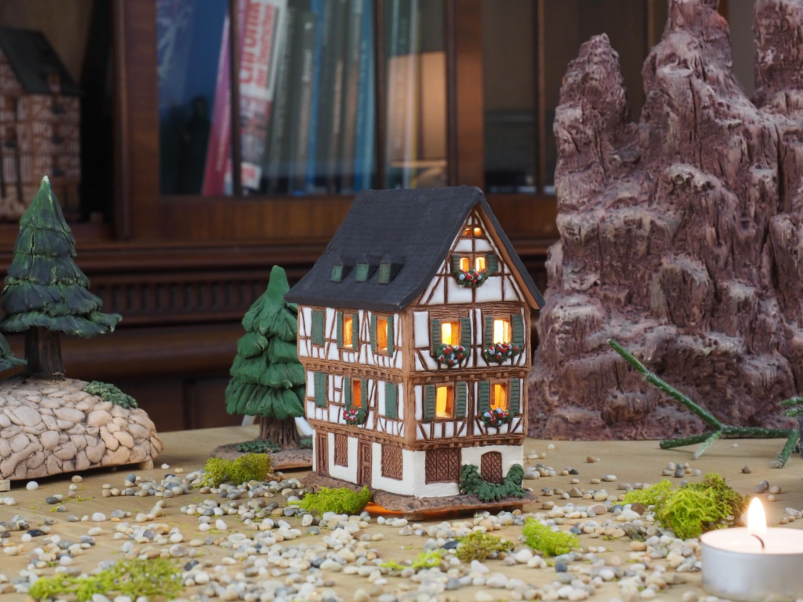 Midene Miniature Ceramic House in Colmar, France,Tea Light Candle Holder Home Decor Handmade Hand Painted Essential Oil Burner Miniature House Village