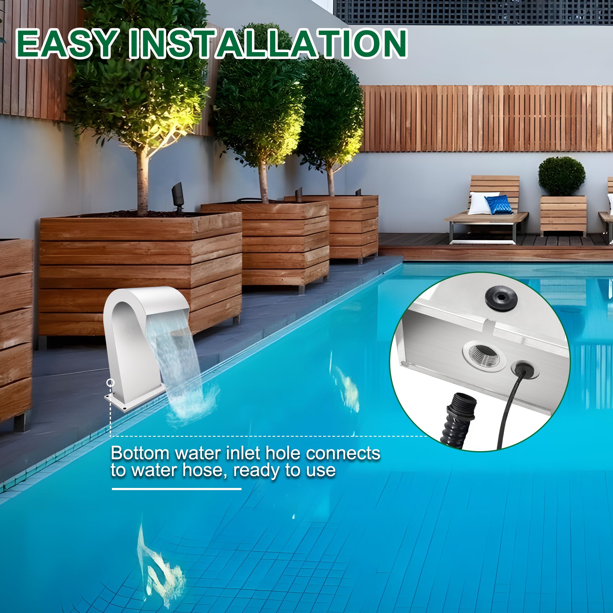 Fuente de Piscina de Acero Inoxidable Curvada con Accesorios, cascadas de Estanque en Forma de S, Kit de Fuente de Agua al Aire Libre para jardín, Patio, Piscina, decoración de Piscina