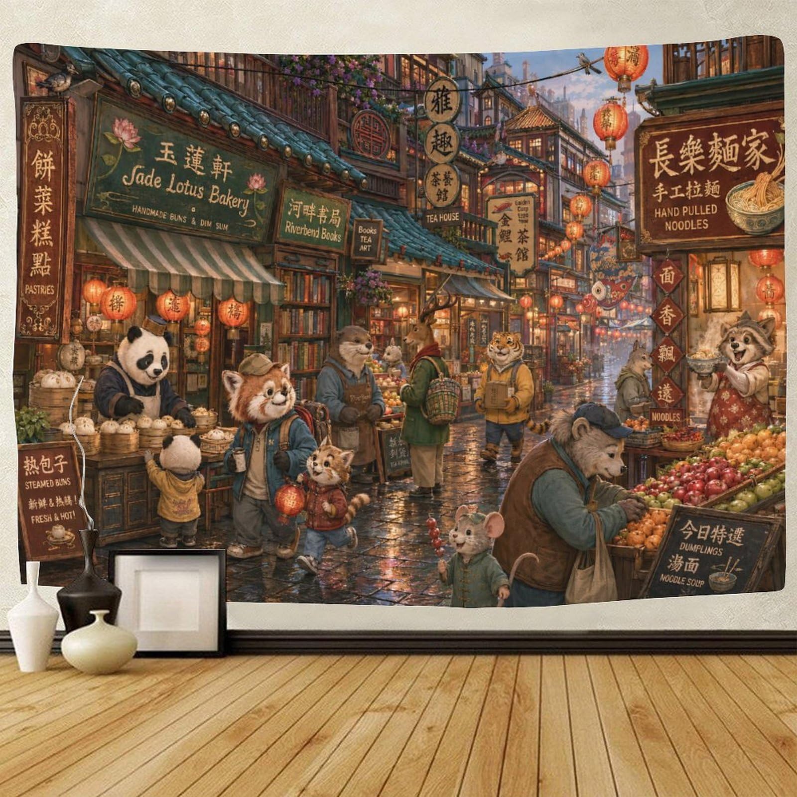 GPMNBCXZK Vintage Chinatown Street Wall Art Decor 3D Print Tapestry for Bedroom Tapestries Poster Curtain Bedroom College Dorm 70cmx100cm