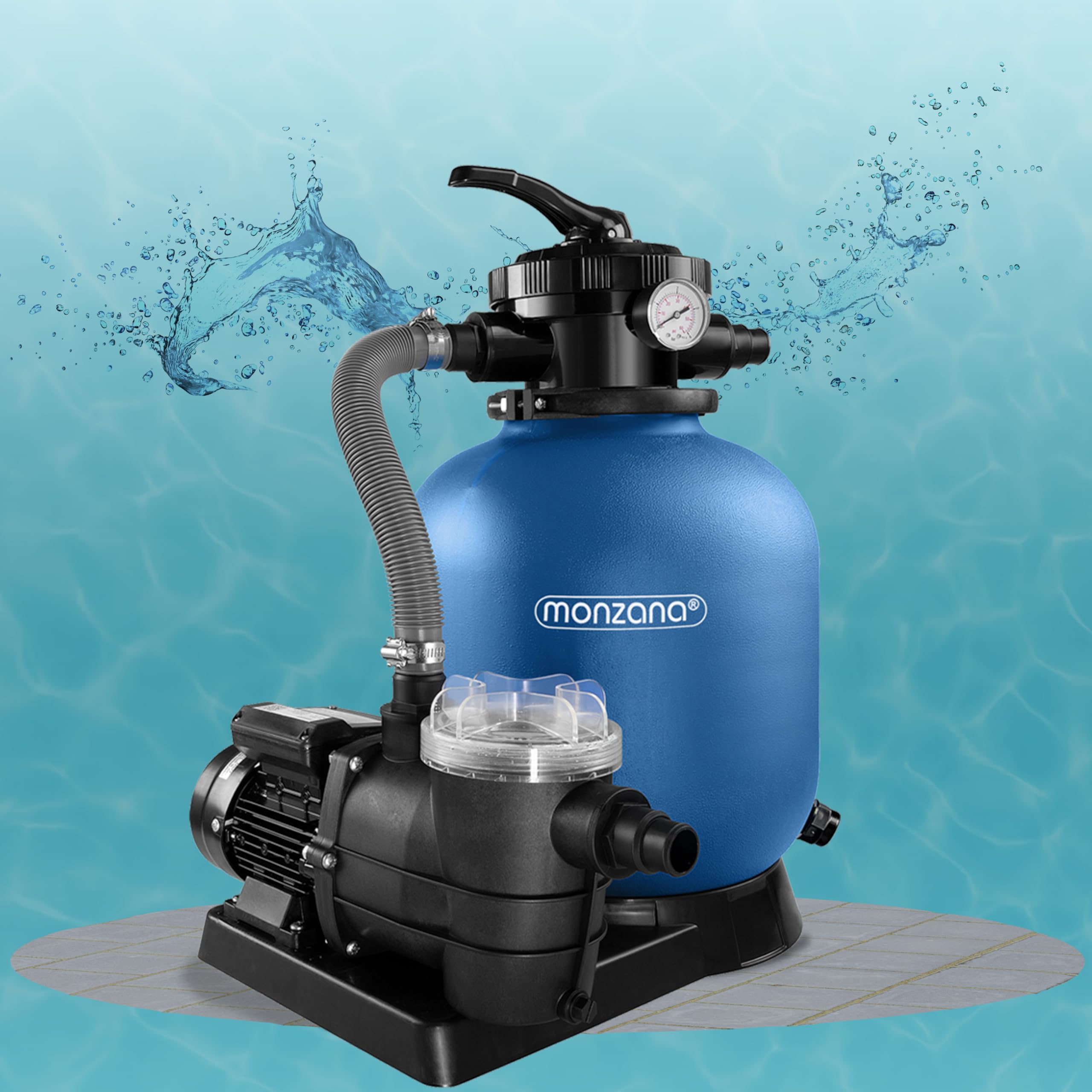 MONZANA Filtro per Piscina con Prefiltro da 13.200L/h | a 7 Vie, IPX5, con Prefiltro, 600W, Serbatoio 30L, Filtrazione a Sabbia,Sistema di Filtraggio, Pompe sabbia, Pompa Piscine