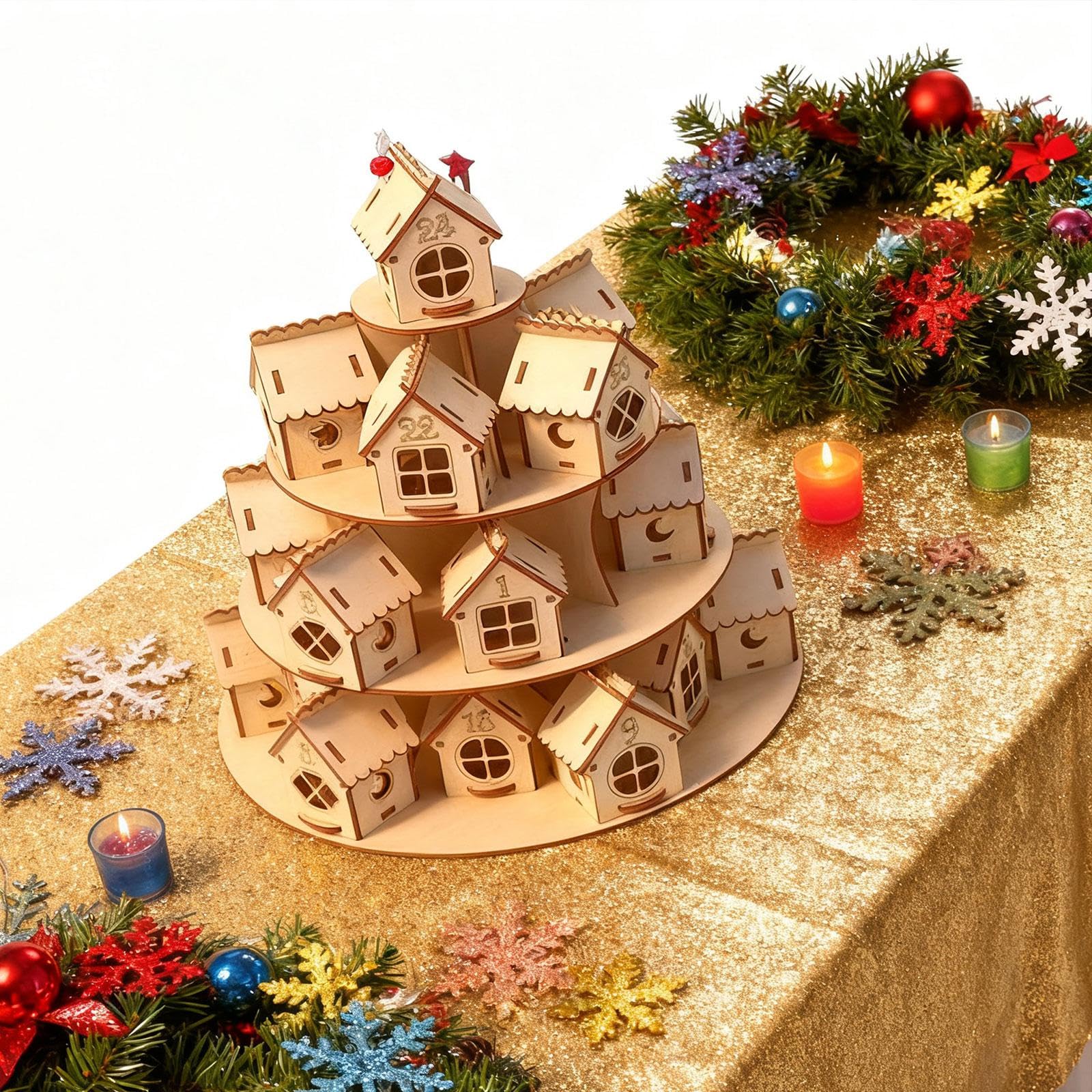Weihnachtskalender Adventskalender Holzhaus Dekoration Countdown-Ornament aus Robustem Holz für Festliche Dekorationen für Wohnzimmer Büro Geschenk