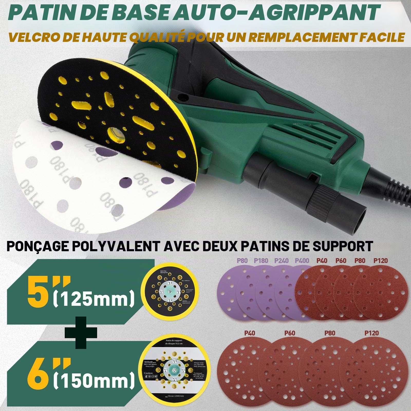 Ponceuse orbitale aléatoire, Moteur sans balai de 350W avec plateau double 125/150mm, Vitesse variable 4000-10000 tr/min, pour travaux sans poussière sur parquets, carrosseries et projets DIY