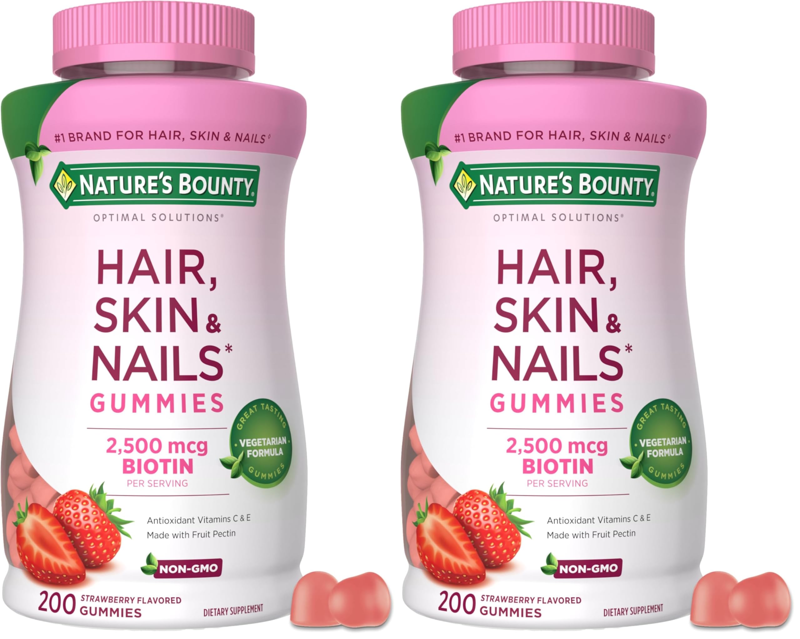 Nature's Bounty Optimal Solutions Hair, Skin and Nails Pectin Gummies, 2500 mcg Biotin Per Serving, No Stick Gummy, Vegetarian Formula, Strawberry Flavor, 200 Servings, 200 Count (Pack of 2)