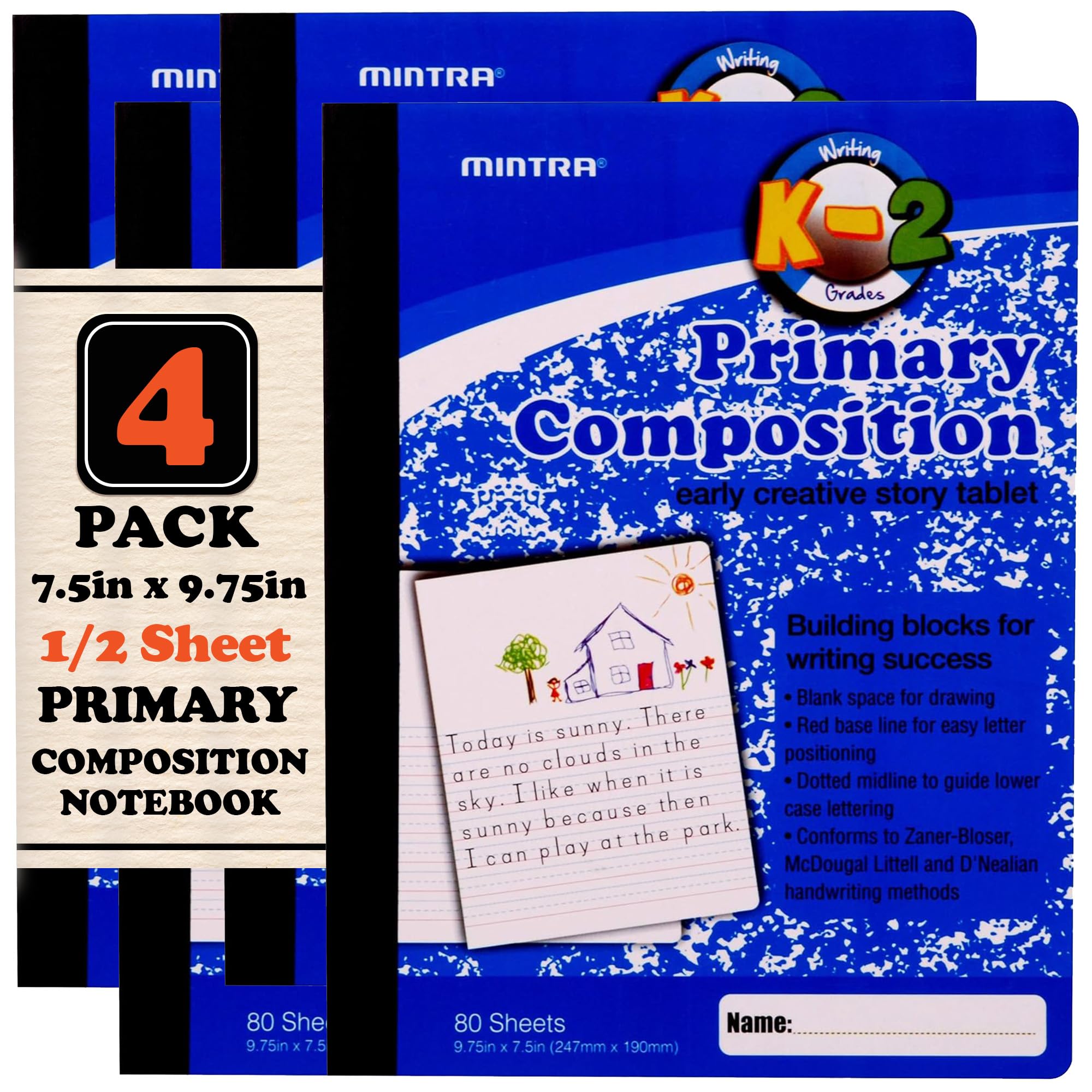 Mintra Primary Composition Notebook, 4 Pack, Blue Cover, 80 Sheets, 7.5in x 9.75in, 1/2 Sheet, Ruled with Drawing Area, Flexible Hardcover Journal , Grades K-2, School & Home Use