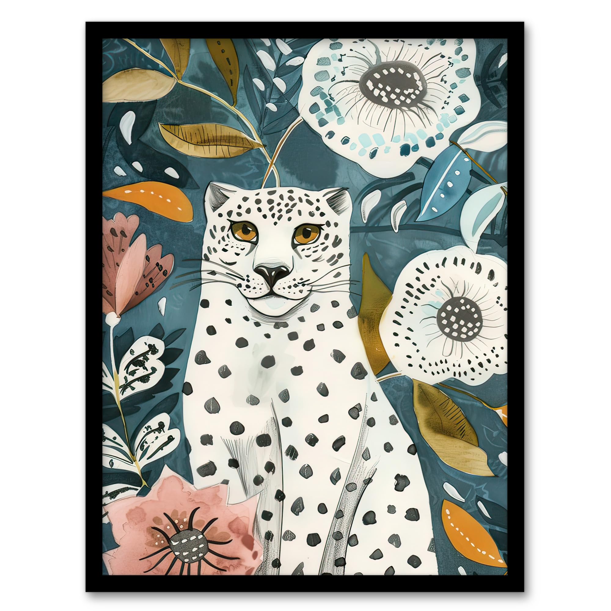 Artery8 Snow Leopard Floral Pattern Watercolour Folk Art Living Room Artwork Framed Wall Art Print 18X24 Inch