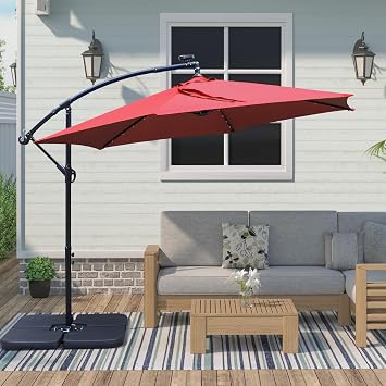 ABBLE 10 Feet Solar Offset Patio Umbrella with Crank and Cross Base,Hanging Umbrella,24 LED Lights, Weather Resistant, UV Protection,Durable, 6 Sturdy Steel Ribs, Market Outdoor Umbrella,Red