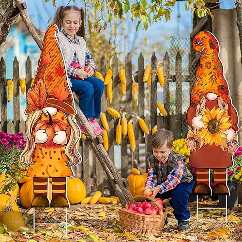 Miniatura 7 de Umigy 3 piezas de decoración de patio de Acción de Gracias lindo gnomo de otoño con estacas de 32 x 10 pulgadas, gnomo de otoño para decoración de